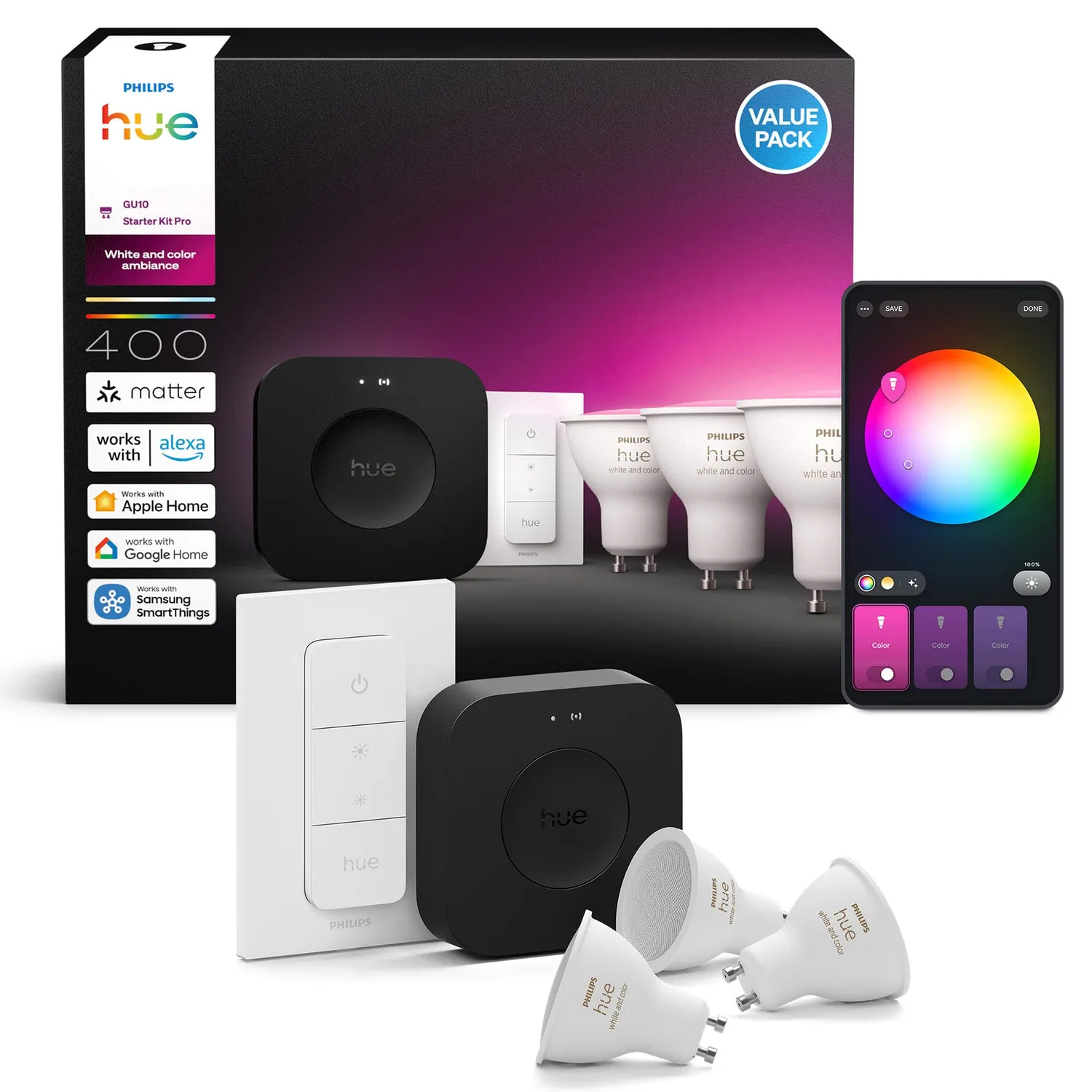 Philips Hue Kit de démarrage Bridge Pro éclairage GU10 blanc et couleur 3 pièces