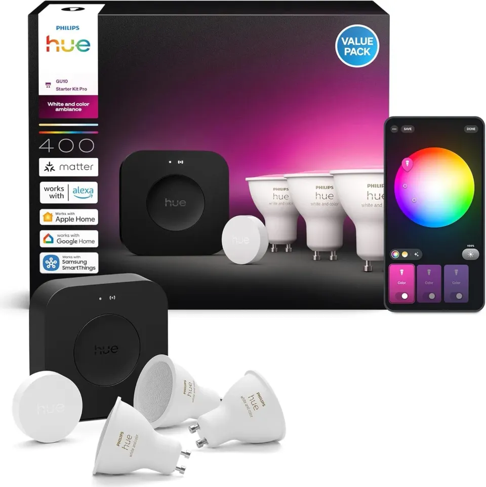 Philips Hue kit Bridge 3 spots GU10 Smart Button couleur
